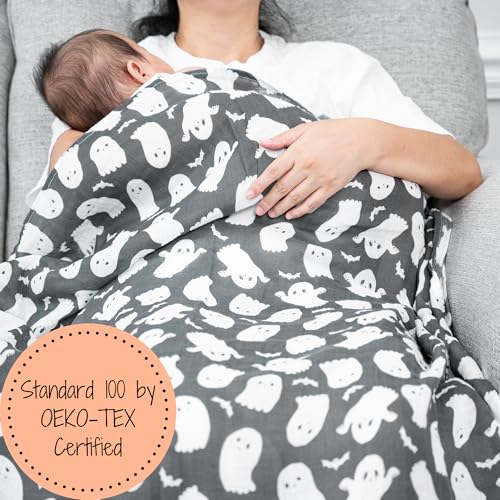 Image of LollyBanks Muslin Swaddle Blankets, 100% Cotton Baby Swaddle for Newborn Boys and Girls, Soft and Breathable 47 x 47 Inches Infant Blanket, Baby Registry Must Haves (Cute Ghost Halloween Print)