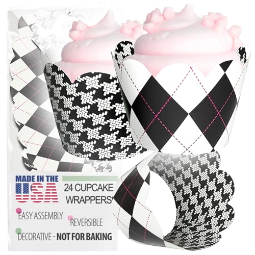 Cupcake Wrappers - Black &Amp; White Wedding, Houndstooth, Argyle Paris Bridal &Amp; Baby Shower Decorations, Preppy Burn Book, Golf Birthday Party, Reversible Neutral Gender Dessert Wraps (24 Count)