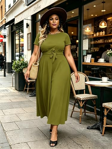 Image of Hostoyo Women Plus Size Formal A Line Maxi Dress Self Tie Waist with Pockets Elegant Round Neck Swing Long Dresses