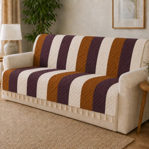 Image of Velvet Quilted Sofa Cover for 2 Seater (48 x 60 Inches) | Stripes | Anti-Slip Soft Washable Sofa Seat Cover | Furniture Protector with Tassels