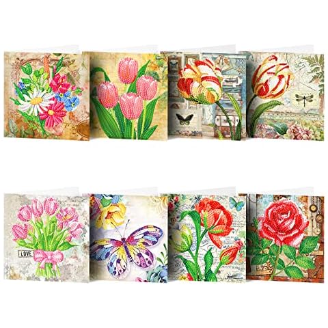 pigpigboss 8 Packs Butterfly Rose Diamond Painting Cards Tulip Bouquet Diamond Art Greeting Cards Rose Daisy Diamond Painting Greeting Card Arts Crafts for Friend Family Lover Birthday Gift Cover