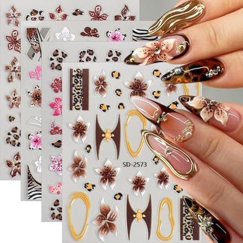 4 Sheets Flower Nail Stickers Autumn Leopard Nail Art Stickers 5d...