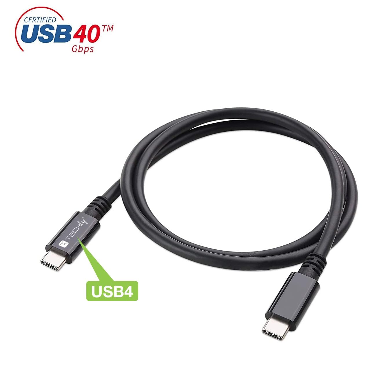 TECHLY 362602 Cable USB 4 Gen 3 Type-C™ Thunderbolt M/M E-Mark 8K 40Gbps 100W PD 0,8 m Negro
