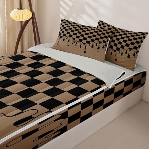 Image of Tan Black Brown Checkered Zipper Bedding Set Twin - 4 Piece Zip Up Comforter with Fitted Sheet & Pillowcases,Soft Bed-in-a-Bag Set Bedding for Girls,Checkerboard Drip Grunge Aesthetic Geometric