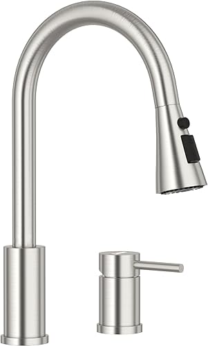 DAYONE Grifo de cocina de 2 agujeros, grifo de fregadero de cocina de acero inoxidable de 2 agujeros con níquel cepillado, con manija lateral única