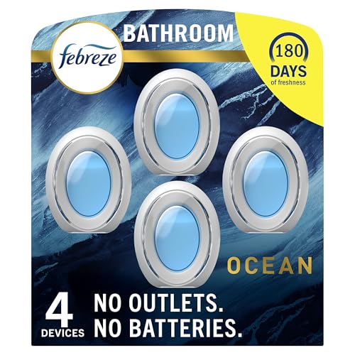 febreze bathroom air freshener odor-fighting plug in alternative air fresheners for home and bathroom and kitchen closet air fresheners ocean scent 4 count - packaging may vary