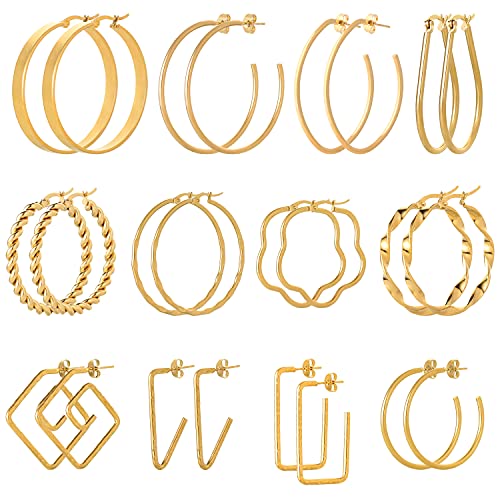 Xijin 12Pcs Gold Hoop Earrings Set Lightweight Stainless Steel Circle Twisted Chunky Hoop Earrings For Women #TOP10