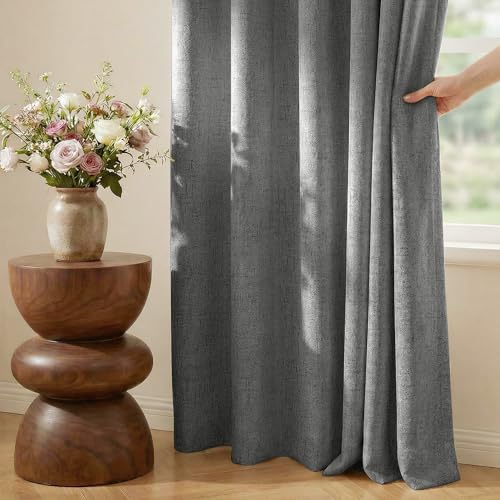 Image of NICETOWN 100% Blackout Linen Grey Curtains 96 inches Long, with White Liner Composite Grommet Thermal Drapes Relax Home Decor Window Treatments for Living Room, 2 Panels, W52 x L96