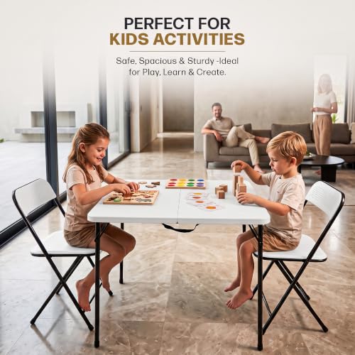 Image of DROGO Azura Foldable Dining Table Set of 4 Chairs for Home | Waterproof PP Tabletop with Metal Frame | Lightweight & Skidproof | Portable Picnic Table for Home, Garden, Camping, Outdoor (White /Black)