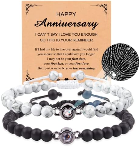 RMISODO I Love You Couples Bracelets 100 Languages Projection Healing Crystal Black Agate White Turquoise Matching Bracelets for Boyfriend, Girlfriend, My Love, Soulmate, Anniversary Couples Jewelry