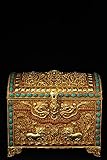 SIYAO 14' Tibet Temple Collection Old Tibetan silver Gilt mosaic Gem Two dragon play beads Treasure chest Jewelry Box storage box Town House Exorcism