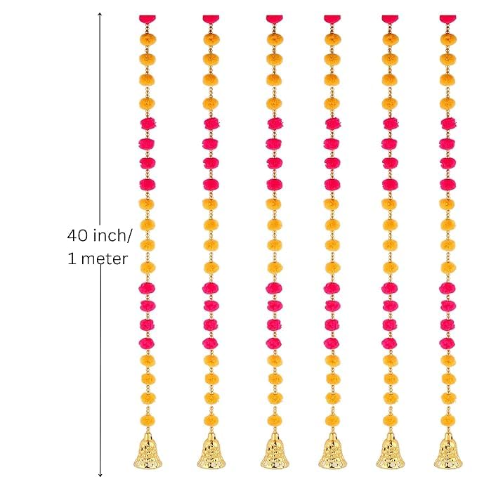 Image of Pink Lotus & Mango Leaf Toran for Door, Hanging for Main Entrance, for Office,Temple,Diwali, Party (6 LINE Yellow Pink)