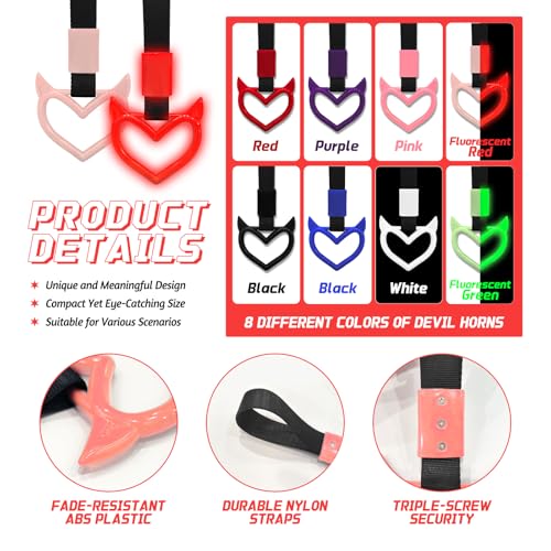 Image of 2 Pcs Devil Heart Shaped Car Handle Strap - JD M Drift Charm Rear Bumper Warning Ring Decor for Car Interior Exterior, Subway Bus Handle Accessory, Cute Heart Car Decor Gift (Luminous Red)