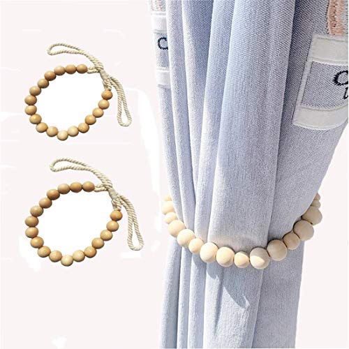 hqclothingbox Curtain tiebacks Set of 2 Curtain holdbacks Boho Curtain tie Backs, Farmhouse Curtain Holders Drapes, Natural Wood Bead Curtain Ties(Primary Color Beads - Khaki Leather Cord)