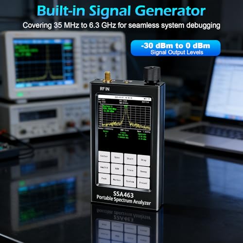 Image of AURSINC Portable Spectrum Analyzer SSA463, 35MHz - 6.3GHz Frequency Analyzer, RF Signal Generator with 4.3 inch Touchscreen, Built-in 30dB Precision Attenuator for RF Testing, Harmonic & Signals Analysis
