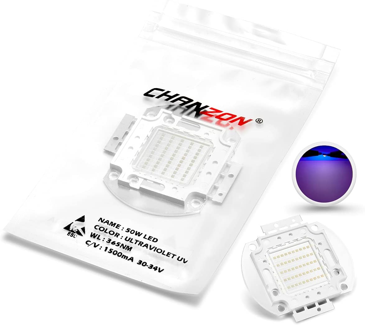 CHANZON High Power Led Chip 50W Purple Ultraviolet (UV 365nm / 1500mA / DC 30V - 34V / 50 Watt) SMD COB Light Emitter Components Diode 50 W Ultra Violet Bulb Lamp Beads DIY Lighting