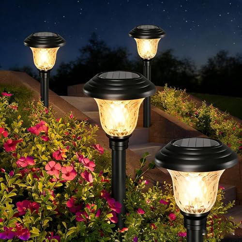 BEAU JARDIN 8 Pack Solar Lights Bright Pathway Outdoor Garden Stake Glass Stainless Steel Waterproof Auto On/Off White Wireless Sun Powered Landscape Lighting for Yard Patio Walkway Spike Pathway