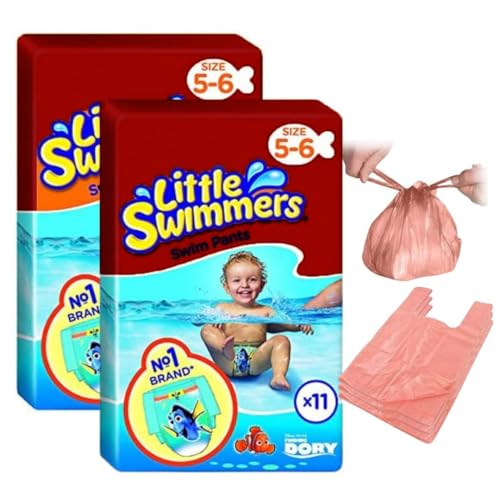 Swim Nappies Size 5-6 with Nappy Bags for Swim Nappy Little Swimmers Disposible Swimming Nappies for Babies (12-18kg) x 22 - Waterproof Nappies Great for Summer Indoor Outdoors Pools
