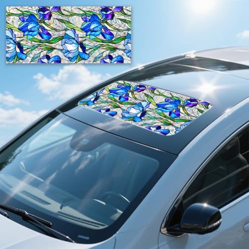 Image of JOONOR Blue Iris Flowers Sunroof Film Floral Rainbow Effect Static Clings Window Privacy Film Sun Protection Stained Glass Decals for Car Moonroof & Side Windows, 17.72 x 35.43 Inch