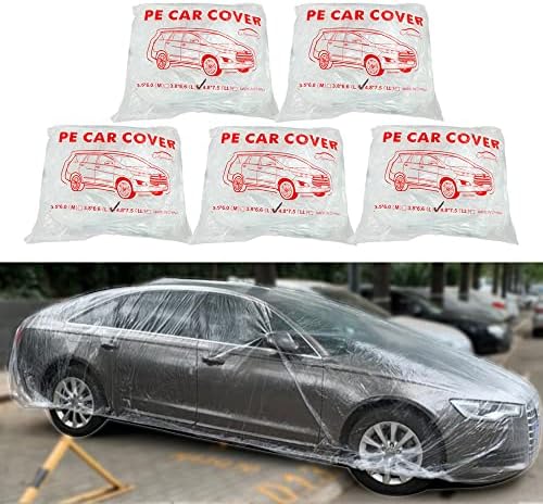 LuliKa 5 Packs Disposable Car Cover Clear Plastic Car Cover Universal Rain Dust Garage Cover with Elastic Band (12.4 FT x 21.6 FT)…
