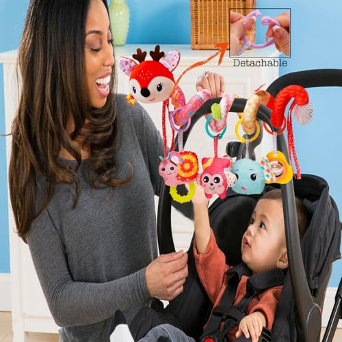 Image of Infant Stroller Toys, Sensory Car Seat Toys for Babies 0-6 Months Red Deer | Infants Activity Spiral Hanging Crib Toy Gift for Baby Boys and Girls 0 3 6 12 Months Newborn Toy with Rattles Squeaker Music