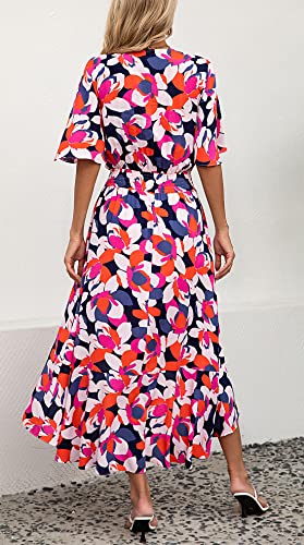 Image of Kormei Women Short Sleeve V Neck Floral High Low Flowy Summer Party Long Maxi Dress