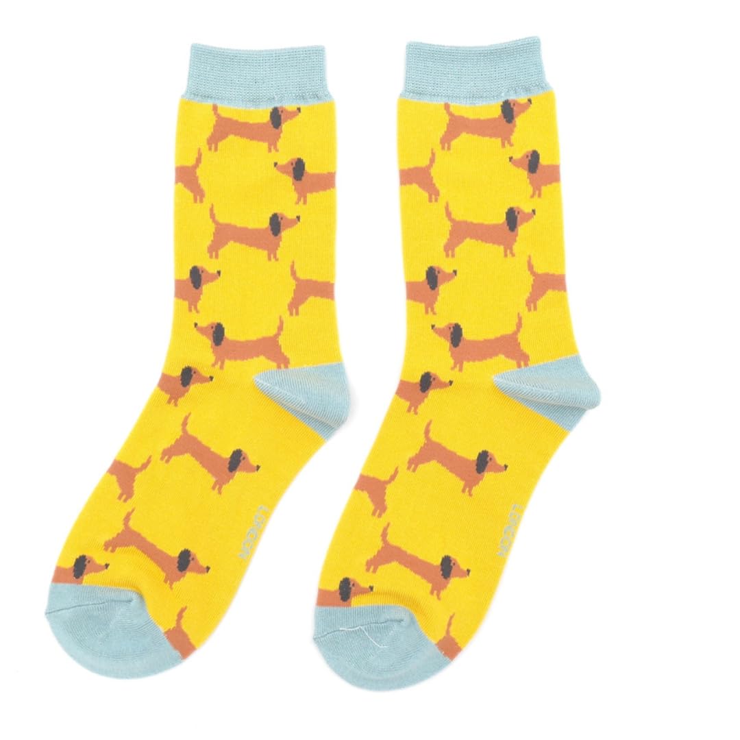 Miss Sparrow Women's Multicoloured Dachshund Sausage Dog Brown On Yellow Socks
