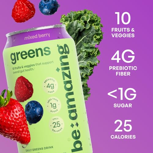 Image of Be Amazing Greens Drink, Mixed Berry, Ready to Drink, 10 Organic Fruits & Vegetables, Coconut Water, Vitamin C, Prebiotic Fiber, 25 Calories, Low Sugar, Vegan, Gluten Free, On the Go, 8 Pack