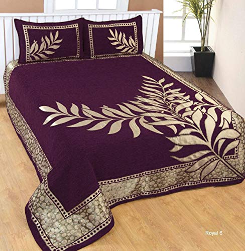 Image of Fresh from Loom Printed Bed Cover with Leaf Print Design, Chenille 500 TC Bedding Fabric, Bedsheet Set with 2 Pillow Covers, Soft Breathable Bed Cover for Bedroo 90x100 Inches | Purple | Chenille