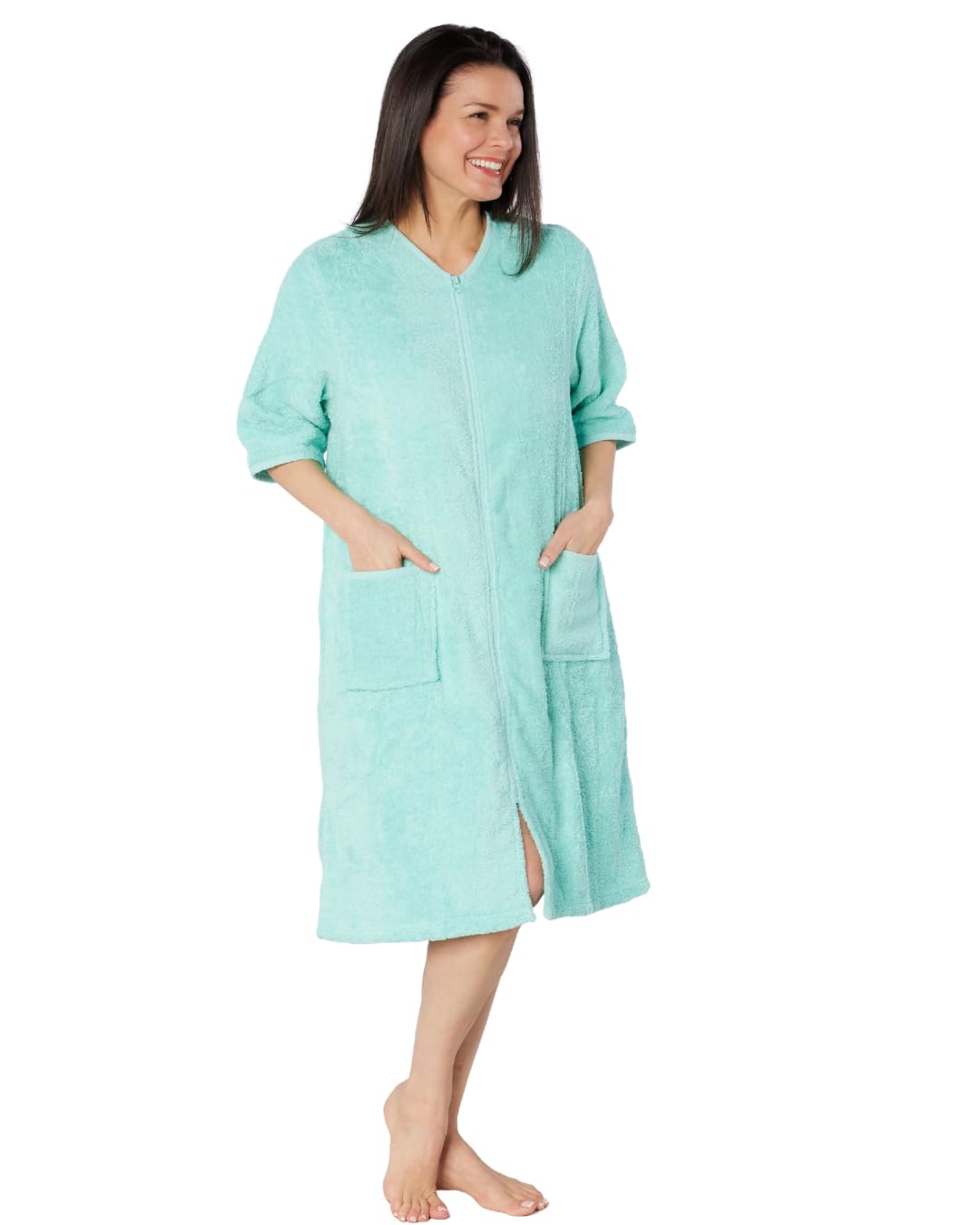 Suzy & Me Peignoir à manches 3/4 avec fermeture éclair 100 % coton pour femme | Manches 3/4, fermeture éclair, tissu éponge, 100 % coton