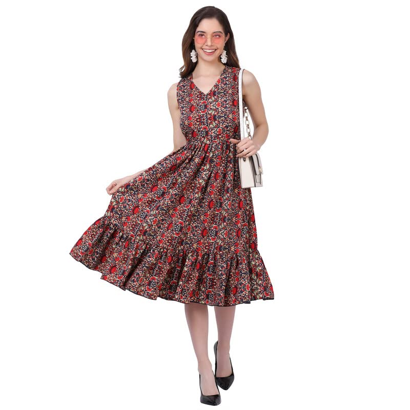 Image of Women's Crepe A-Line Knee Length Dress | Western Sleeveless Dress for Girls | Flared Frock | Frill Midi | Knee Gown