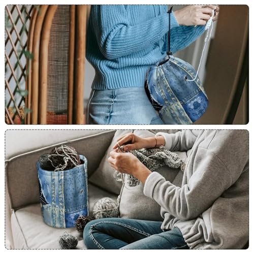 Image of Sellikakes Yarn Bag with Drawstring, Jeans Cats Knitting Crochet Yarn Storage Bags Organizer Crochet Accessories for Crocheting Project, Store Skein Ball,Short Knitting Needles