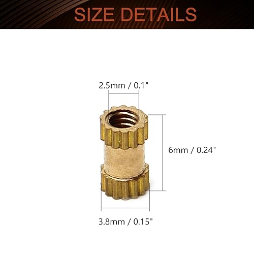 Miniatura 2 de MroMax Tuercas de inserción moleteadas M2.5, tuercas de inserción roscada moleteadas de latón hembra M2.0.197x0.236x0.150 in, tuercas de inserción