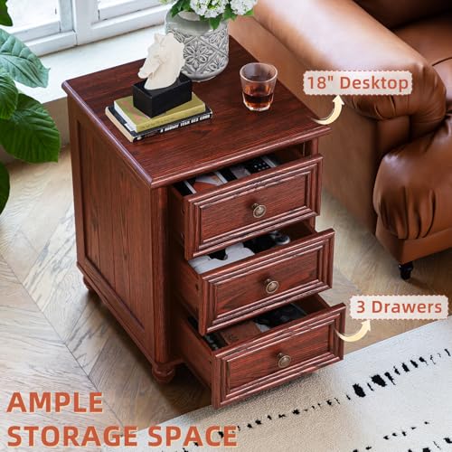 18" Farmhouse Night Stand Set of 2, Red Oak Wood Nightstand with 3 Drawers, Bedside End Table with Storage and Roman Column, Bed Side Tables Cabinet for Bedroom, Living Room, and Closet