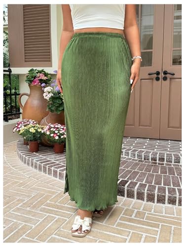 Verdusa Women's Plus Size Ribbed Split Maxi Skirts High Rise Bodycon Long Skirt3
