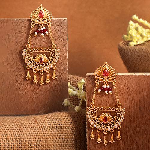 Abharan Red Stones & Pearls Ethnic Drop Earrings