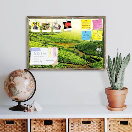 Image of ArtzFolio Tea Plantations, Munnar, Kerala | Bulletin Board Notice Pin Board | Vision Soft Board Combo with Thumb Push Pins & Sticky Notes | Antique Golden Frame | 36 x 24 inch (91 x 61 cms)