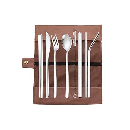 Heart Home Cutlery Set | Travel Camping Cutlery Set | Kitchen Organizer Set | Travel Organizer Utensil Set | Stainless Steel Utensil Set with Bag | JHB008 | Set of 9 | Silver