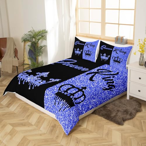 Homemissing Black and Dark Blue Crown Queen and King Duvet Cover Double Size for Adults Couple Men Women,Valentine'S Day Wedding Gifts,His and Hers Quilt Cover 2 Pillowcases Bedroom Decor(No Glitter) - Image 2