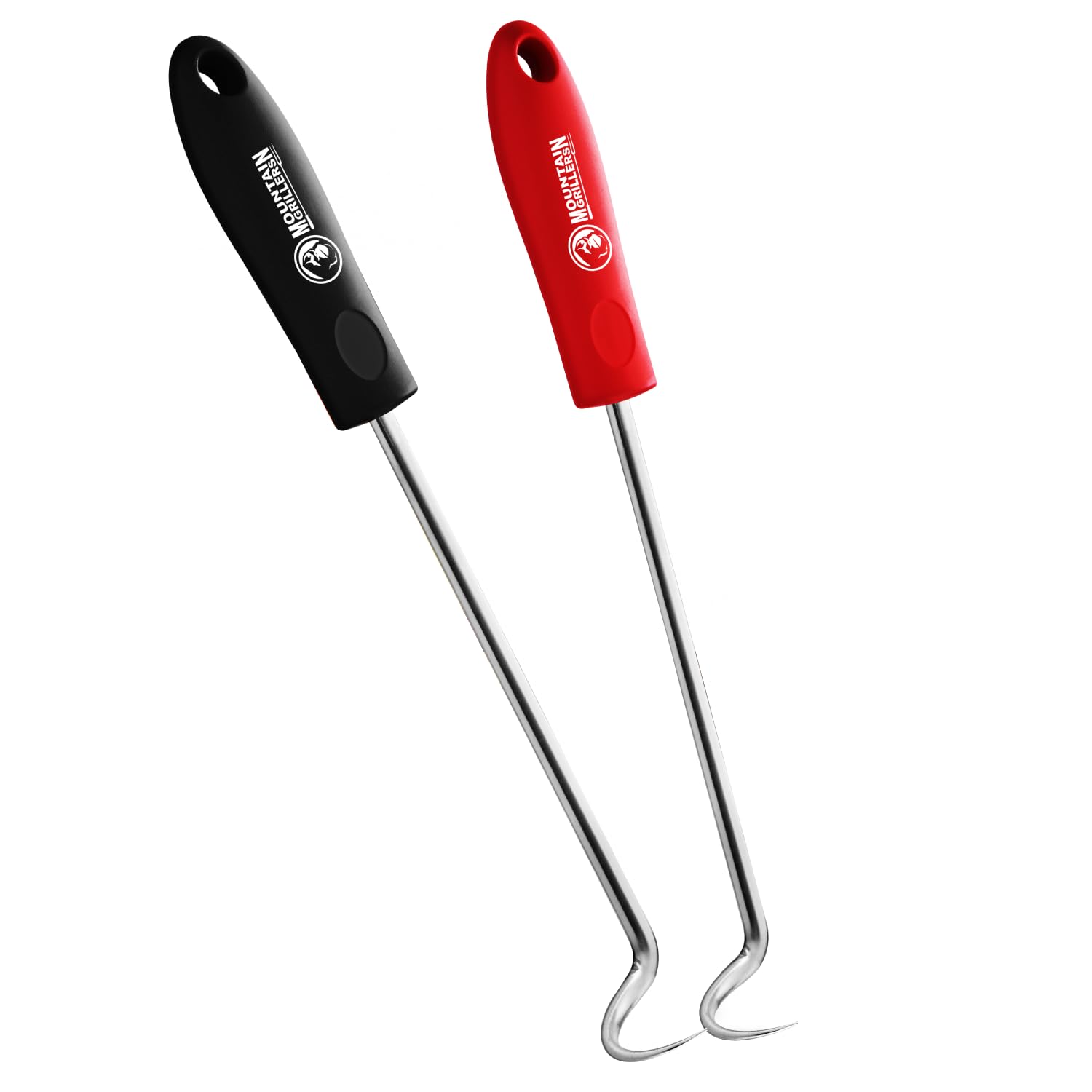 pigtail food flipper set - 17 & 12 inch meat hooks & turners with steel shafts & color coded handles - use in place of tongs, spatula & meat fork for bbq ribs, steak, chicken, sausage, vegetables