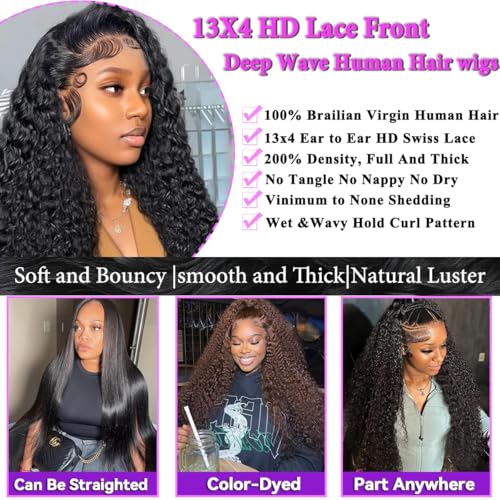 Image of 13x4 Deep Wave Lace Front Wigs Human Hair Pre Plucked 200 Density HD Transparent Lace Front Wigs Human Hair with Baby Hair Deep Curly Wigs Human Hair For Women 22inch