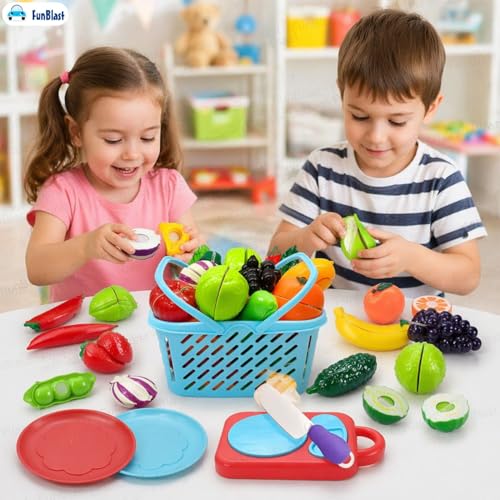 Image of FunBlast Fruits and Vegetables Play Set Toys, Realistic Sliceable Cutting Pretend Play Kitchen Toys for Kids, Play Food Toys, Fruit Vegetable Toys, Chopping Board with Knife and Basket (16 Pieces)