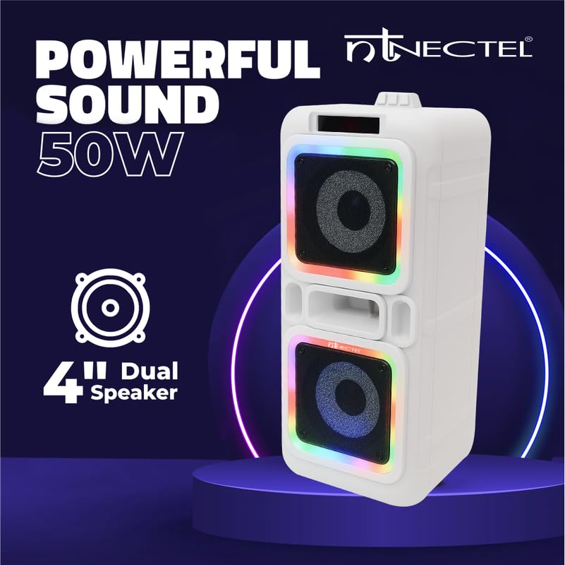 Image of 50W Portable Multimedia Bluetooth Speaker with Dual 4 inch Drivers, RGB Lights, Mic Input, USB /TF /FM /AUX, TWS Pairing, Remote, Rechargeable Battery for Party use (3H Playtime)