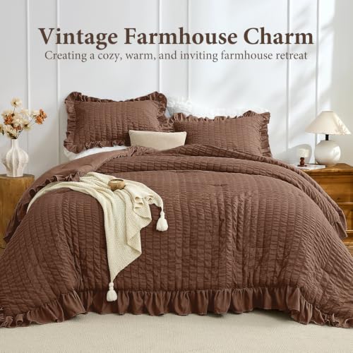 Image of JOLLYVOGUE Dark Brown Queen Comforter Set,3pcs Ruffle Seersucker Bed Set | OEKO-TEX Certified, All Season, Down Alternative Fill, Lightweight Bedding Set with Ruffle Comforter & Pillowshams, Easy Care