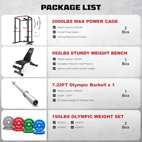 Image of JELENS S11 Power Cage, 2000LB Multi-Function Power Rack with LAT Pulldown, Squat Rack with Adjustable Pulley System and Training Attachments, Weight Rack for Home Gym