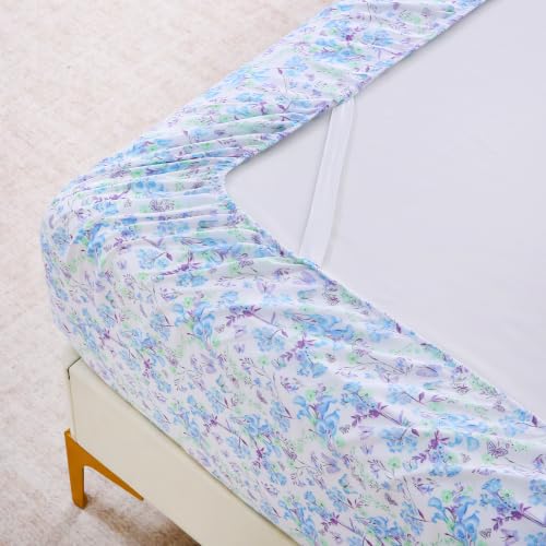 Image of Mooreeke Cozy Floral Microfiber Printed Queen Sheet Set - Soft & Breathable Blue Purple Floral Bed Sheets with Deep Pocket - Non-Slip Fitted Design - Blue Purple Flowers Pattern - Queen