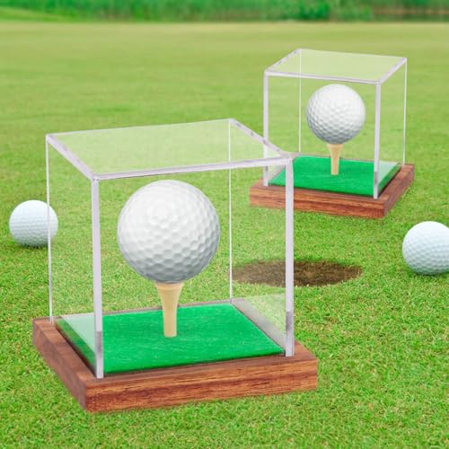 Image of 2 Pack Clear Acrylic Golf Ball Display Case with Wood Base & Tee, Memorabilia Stand Cube Holder, Dust Protection Transparent Storage Box for Single Ball Souvenir Golfball Collections