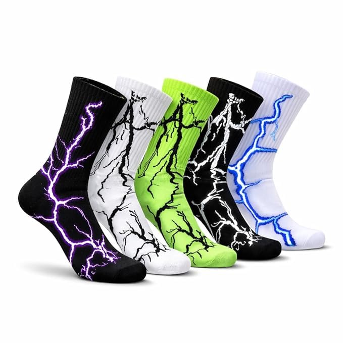 Men's Premium Cotton Crew Socks | Breathable Lightning Bolt Patterned Athletic Sports Long Socks | Cool Hip Hop Streetwear Skater Socks Combo - Pack of 5 (Multicolor)-image-25