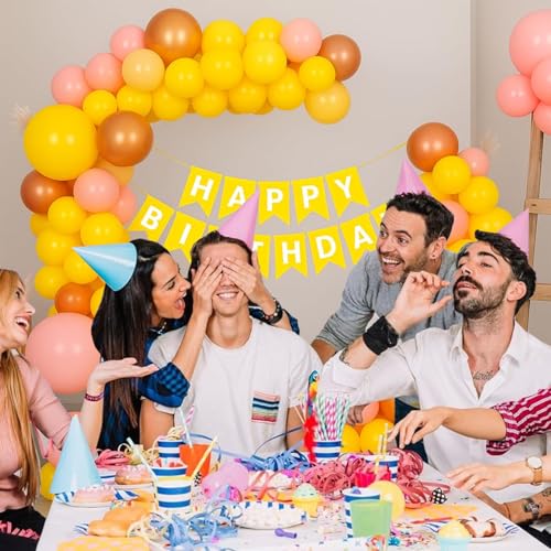 Image of Rozi Decoration Yellow & Pink Birthday Balloon Decoration Arch Kit Set of 36 Pcs - Metallic Rose Gold Balloons with Banner for Girls & Boys Party Supplies