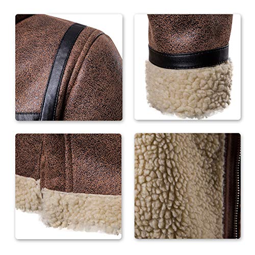 AOWOFS Men's Hooded Faux Leather Jacket Brown Suede Moto Bomber Shearling Winter Fur Lining Coat - Thumbnail 5